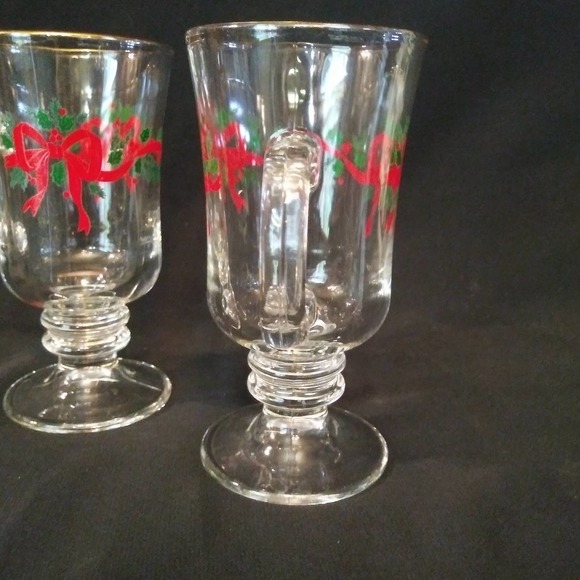 2 Vintage Libbey Clear Glass Pedestal Christmas Bow Irish Coffee Mugs Gold Trim - Picture 4 of 11